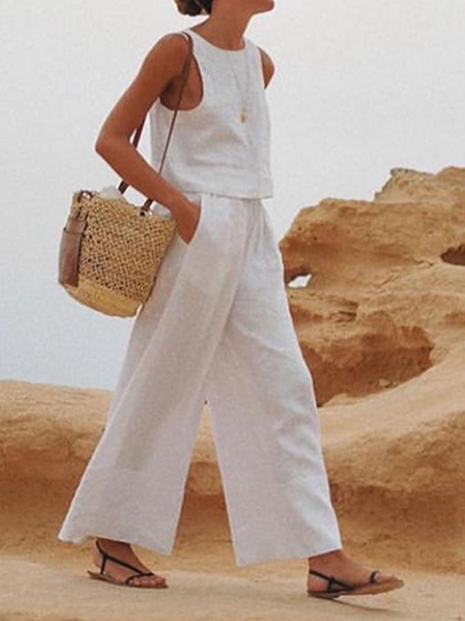 Women'S Casual Solid Color Cotton And Linen Two-Piece Suit