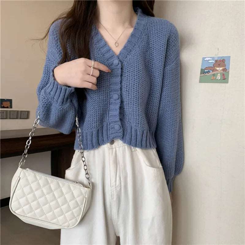 Button-Up V-Neck Knit Cardigan