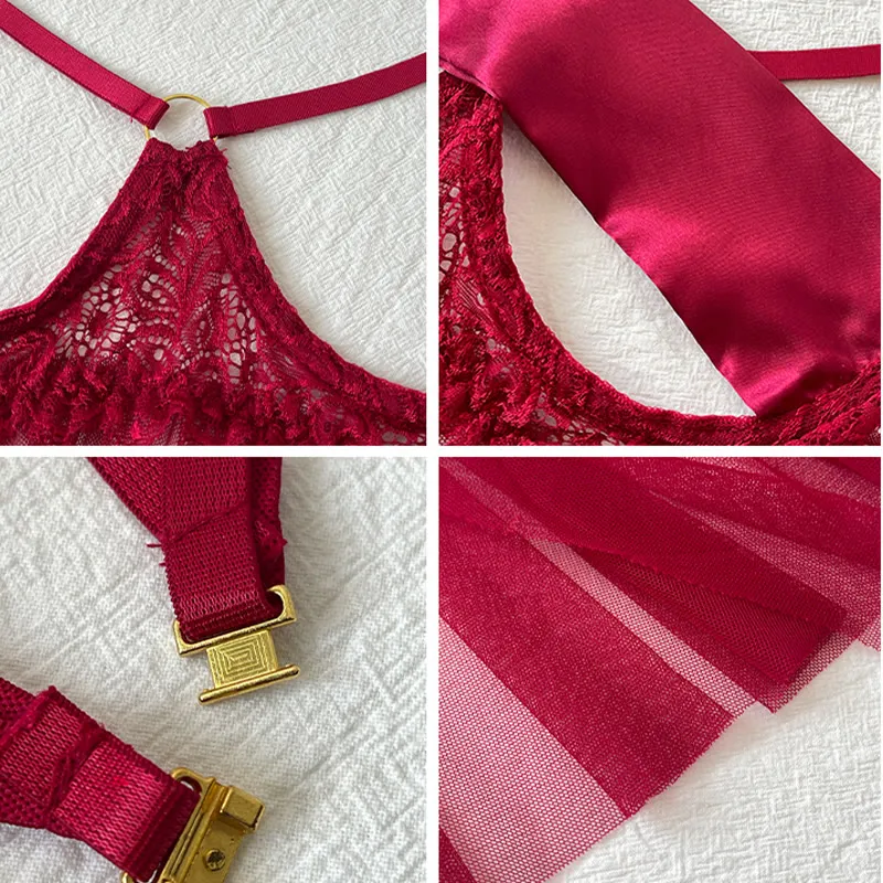 Bow Lace Hollow Out See Through Split Nightdress