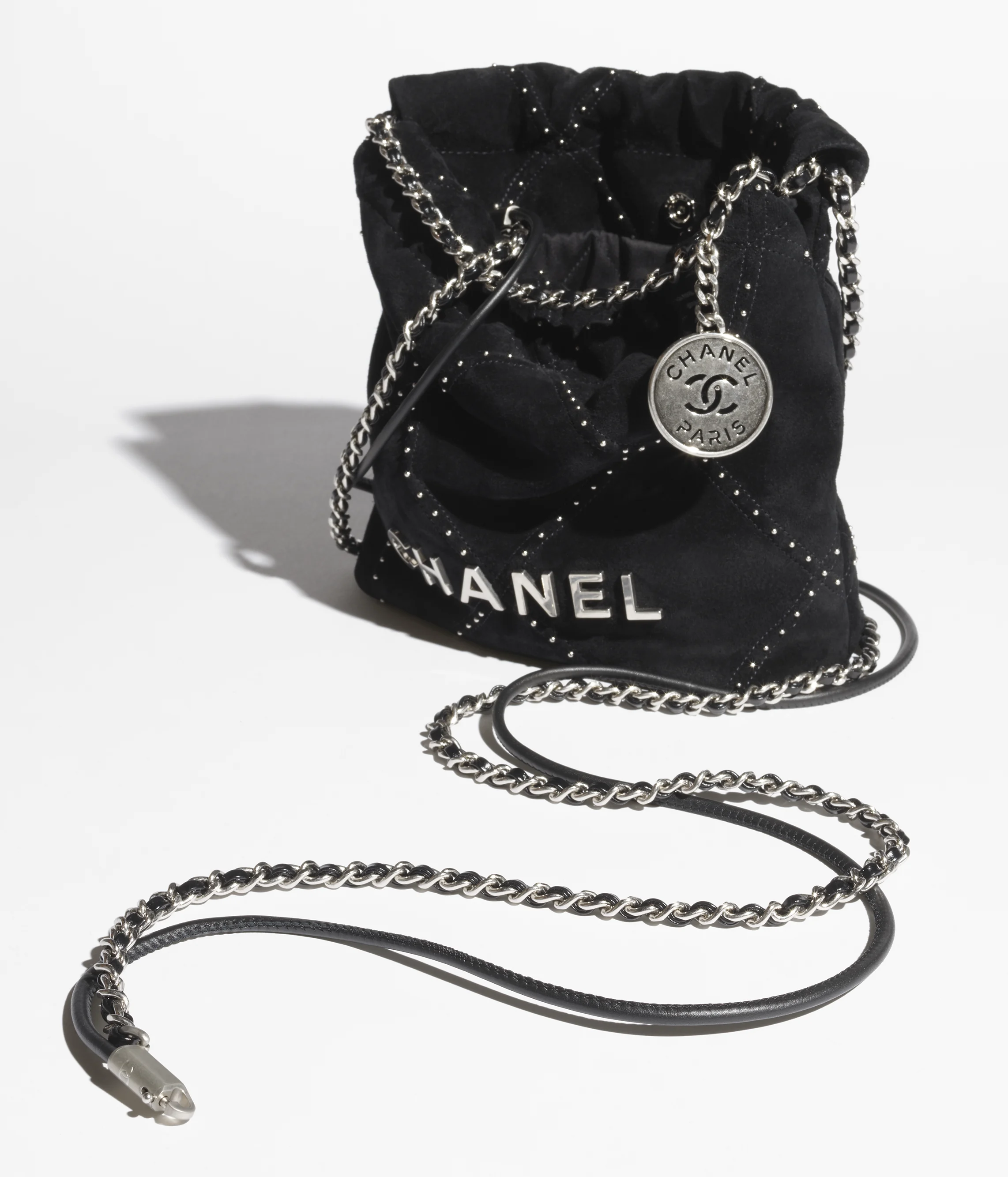 CHANEL 22 Mini Handbag Suede Calfskin, Studs & Silver-Tone Metal Black AS3980-B20303-94305