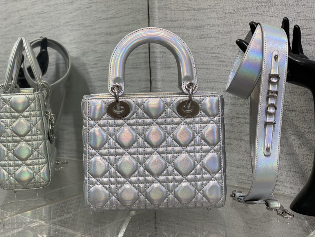 DIOR Lady Four-grid Laser Silver Princess Diana Bag