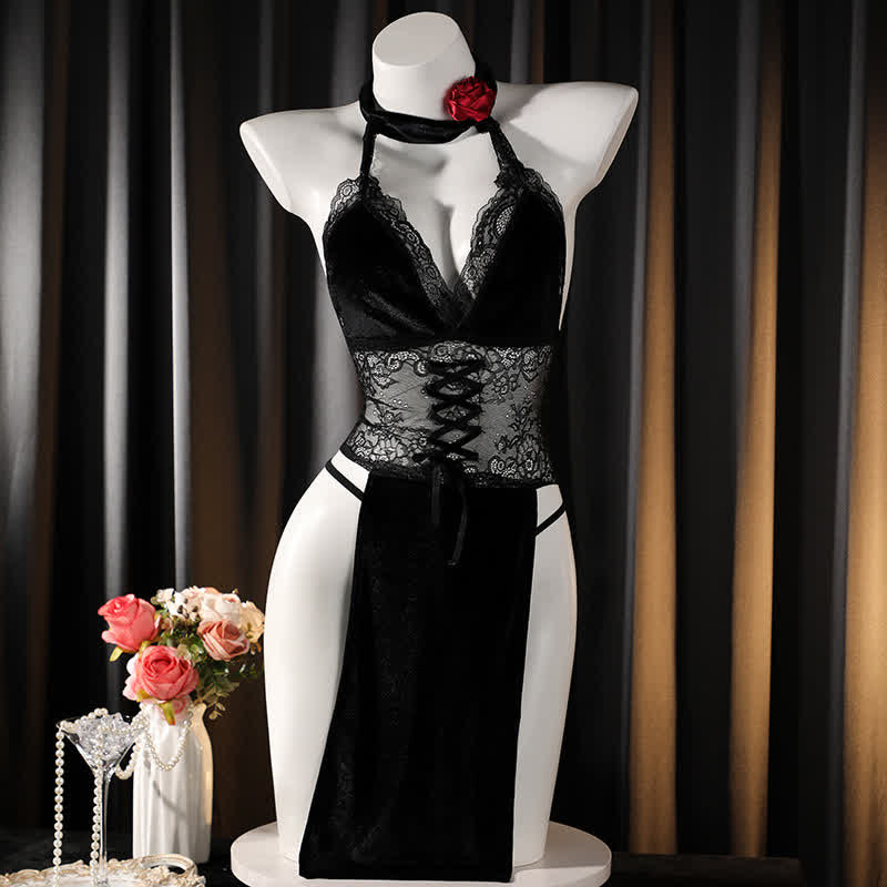 Rose Halter Sexy Lace Split Cheongsam Lingerie Dress