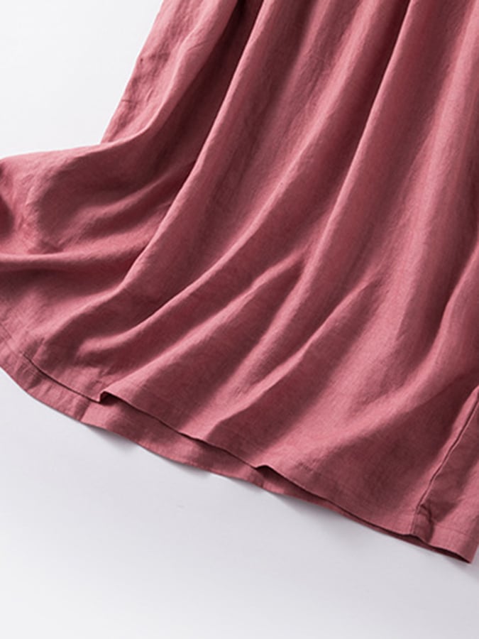 Women's Solid Color Short-Sleeved Shirt Collar Artistic Retro Cotton And Linen Casual Dress