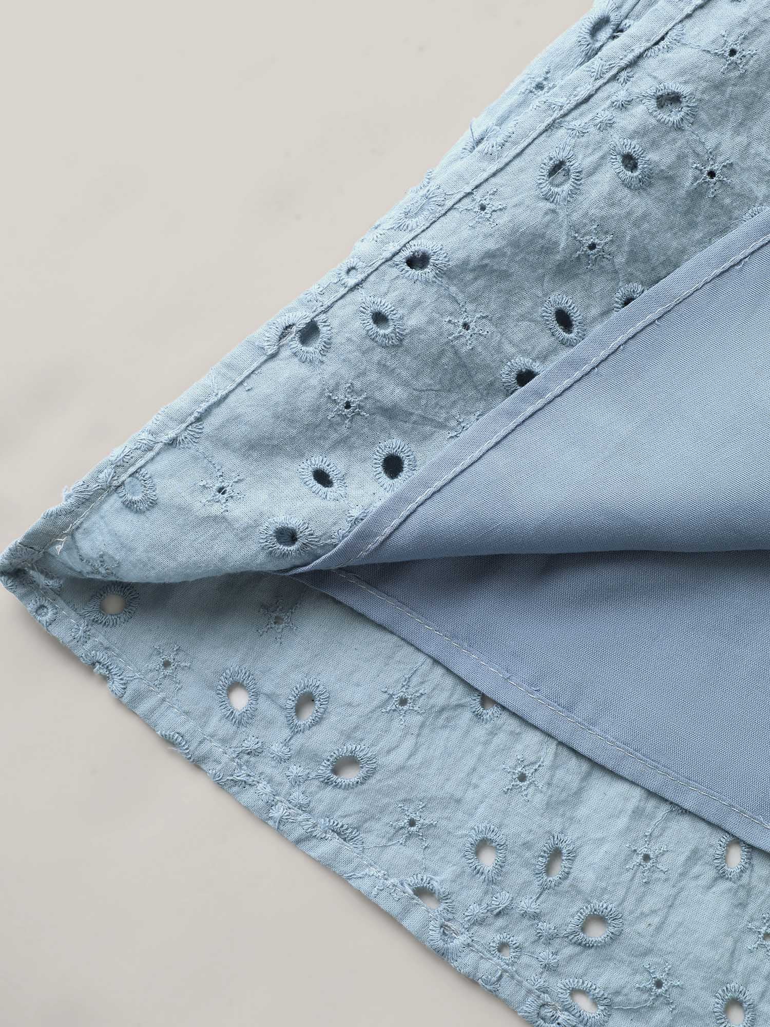 Eyelet Trim Shirred Neck Puffy Sleeve Blouse