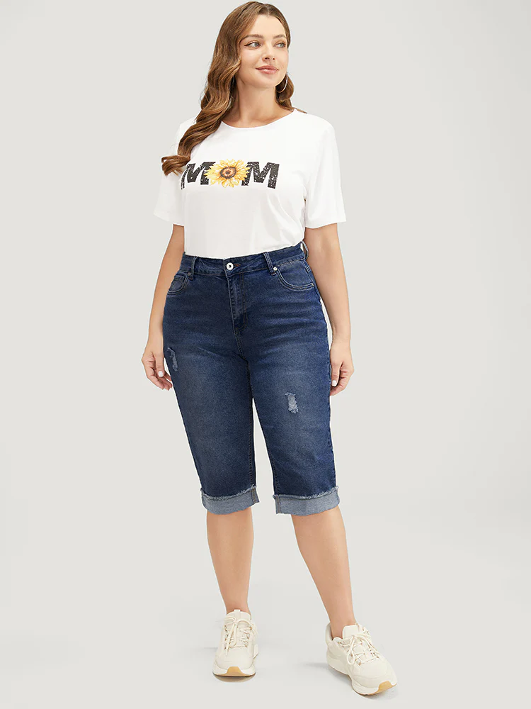 Moderately Stretchy Roll Hem Ripped Knee Denim Shorts