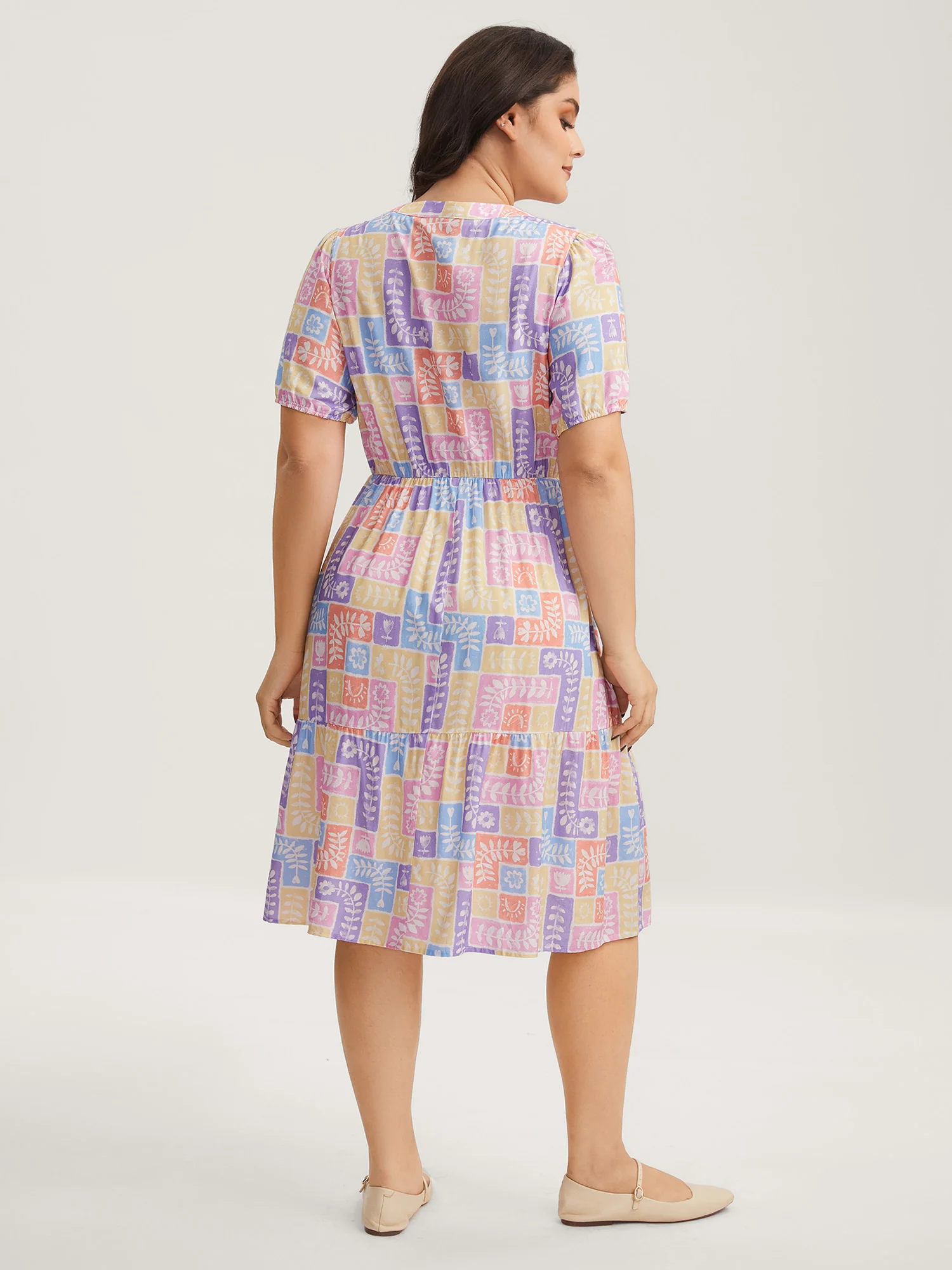 Rayon Floral Collage Stretchy Waist Midi Dress