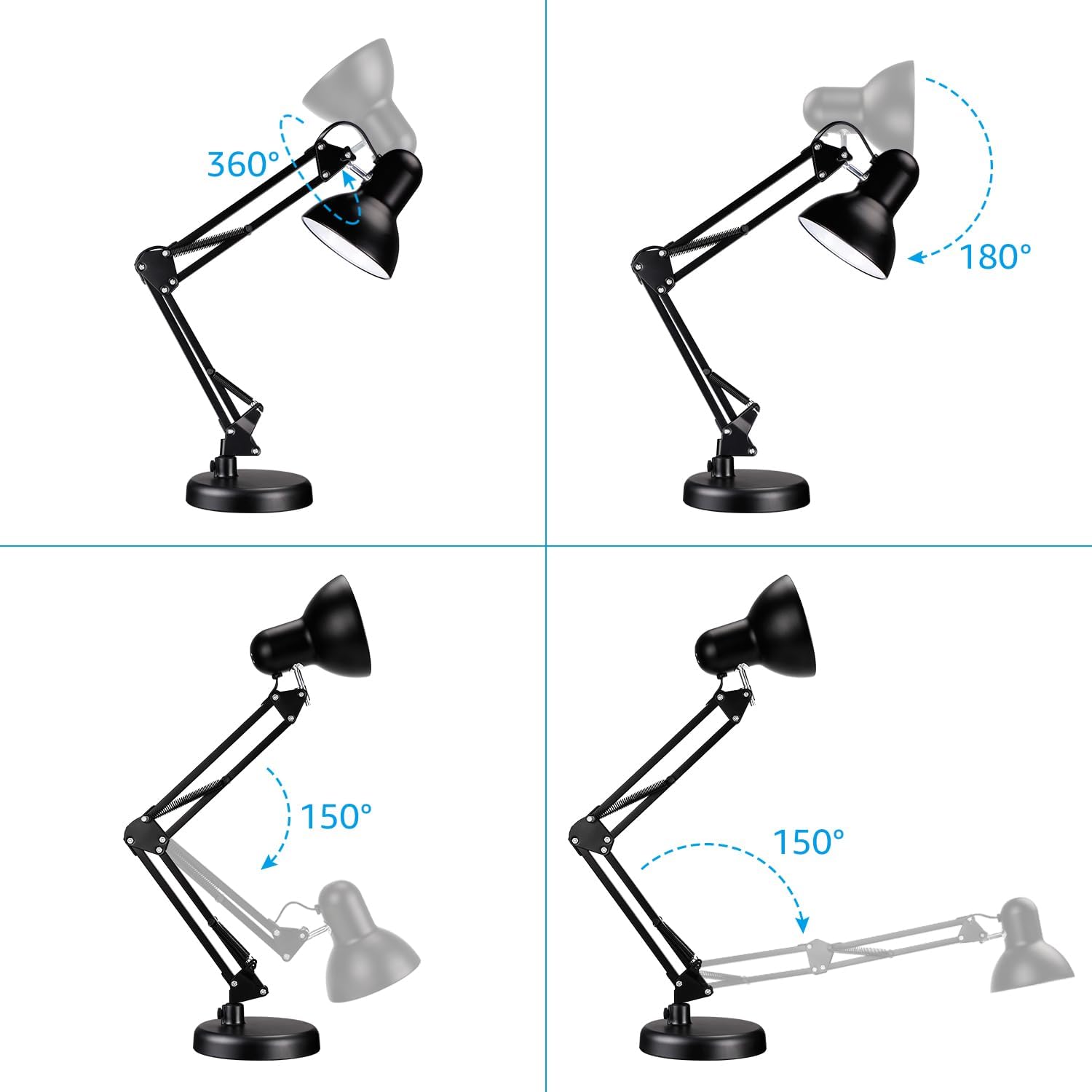 TORCHSTAR Metal Desk Lamp with Clamp, Swing Arm , Architect Adjustable Gooseneck Table Lamp, Clip Desk Lights for Home Office, Work, Study, Reading, E26 Base, Multi-Joint, Black