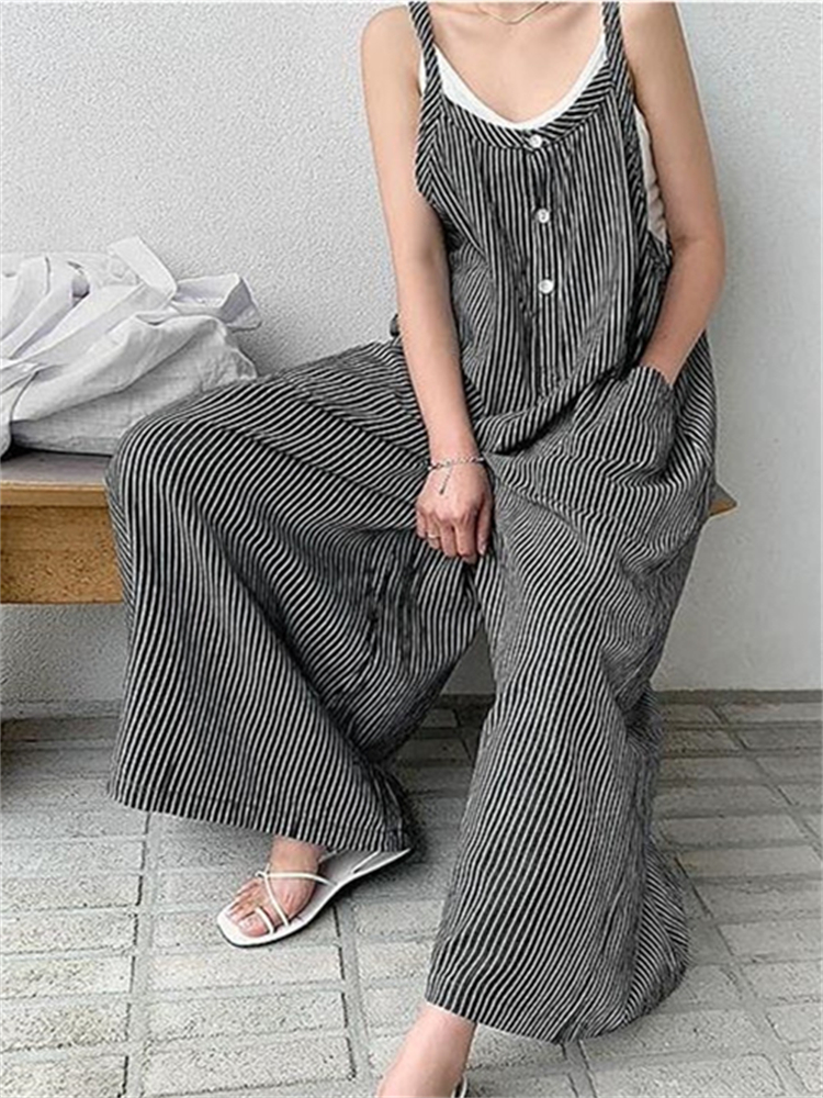 Striped Patch Pocket A Line Wide Leg Jumpsuit