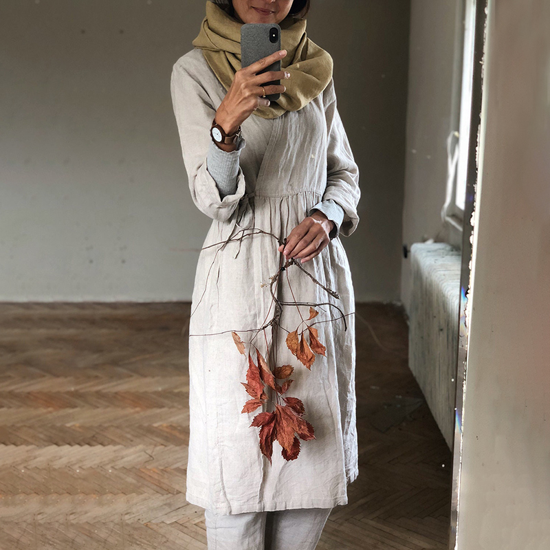Casual V Neck Solid Tie Wrap Midi Dress