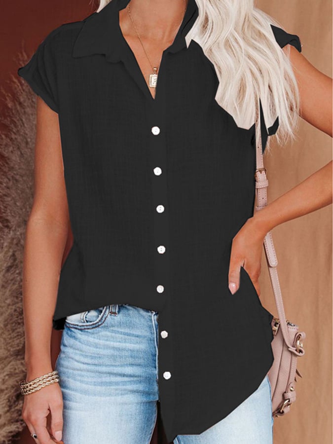 Ladies Cotton Linen Casual Solid Color Single Breasted Shirt