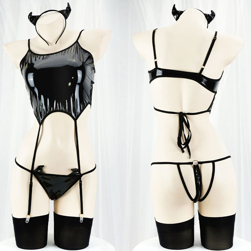Demon PU Lace-up Lingerie Set