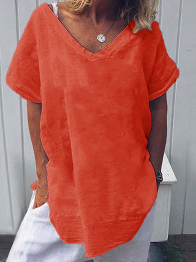Solid Color Cotton And Linen T-Shirt