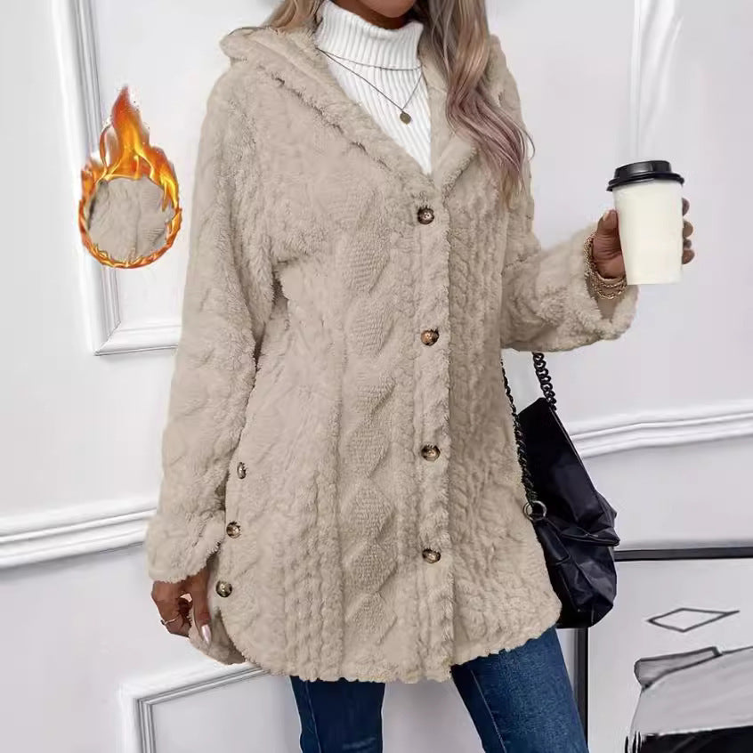 European and American Hooded Solid Color Buttoned Cardigan Long Sleeve Coat