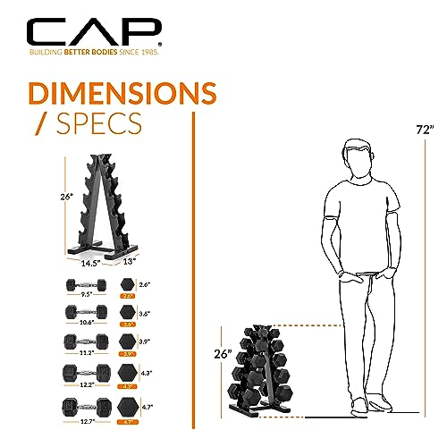 CAP Barbell 150 LB Coated Hex Dumbbell with Tinted Handle Weight Set and Vertical Rack