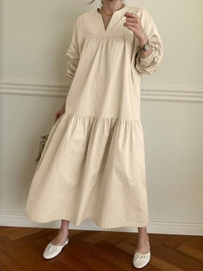 Women's Casual Loose Pleated Autumn Fragrant Linen Long Swing Dress