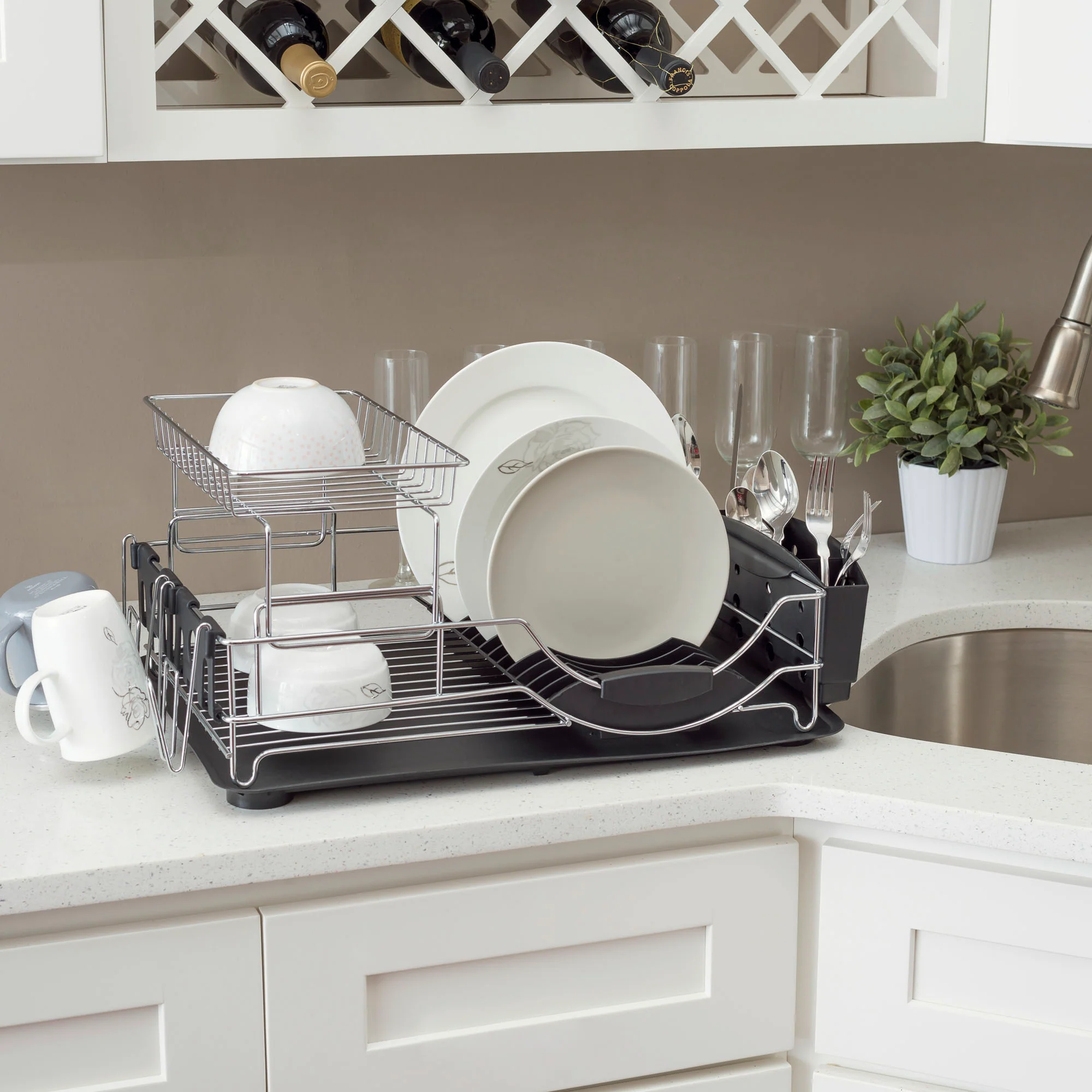 Home Basics 2 Tier Deluxe Chrome Dish Rack Drainer, Black, 20x13x10 Inches