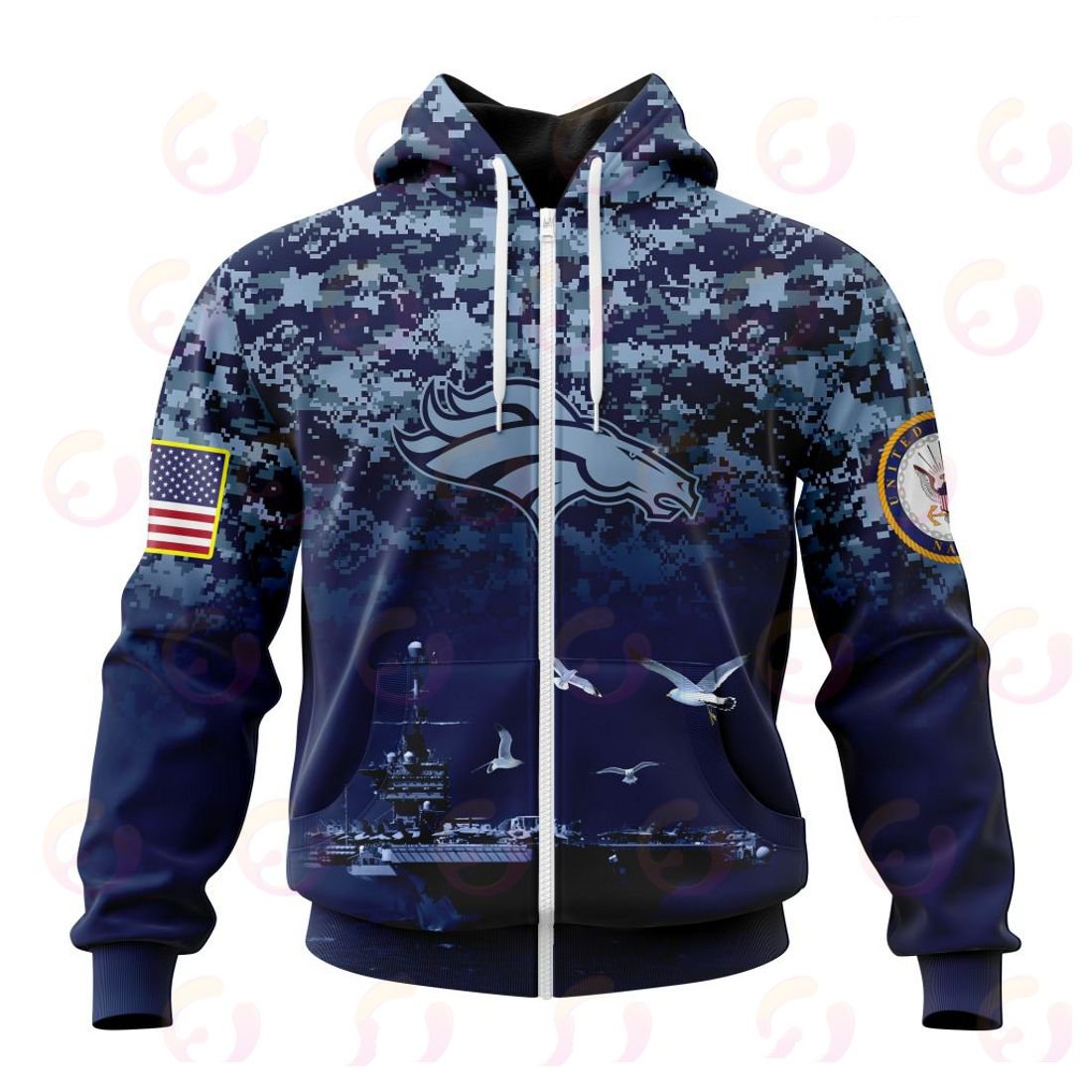DENVER BRONCOS 3D HOODIE HONOR US NAVY VETERANS