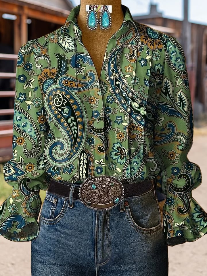 Women's Casual Western Puff Sleeve Patterned Shirt