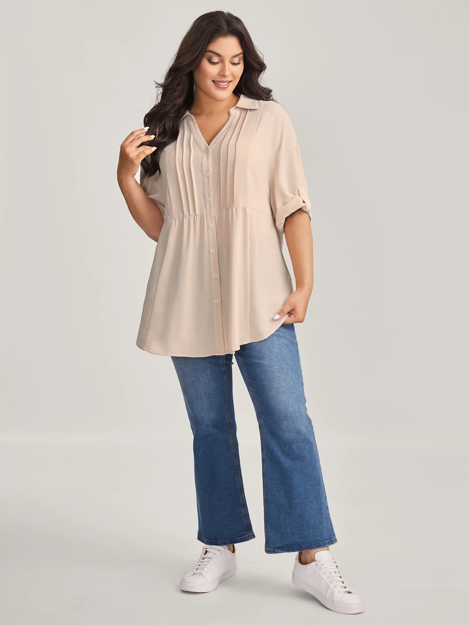 Toothpick Pleats Tab Sleeve Long Blouse