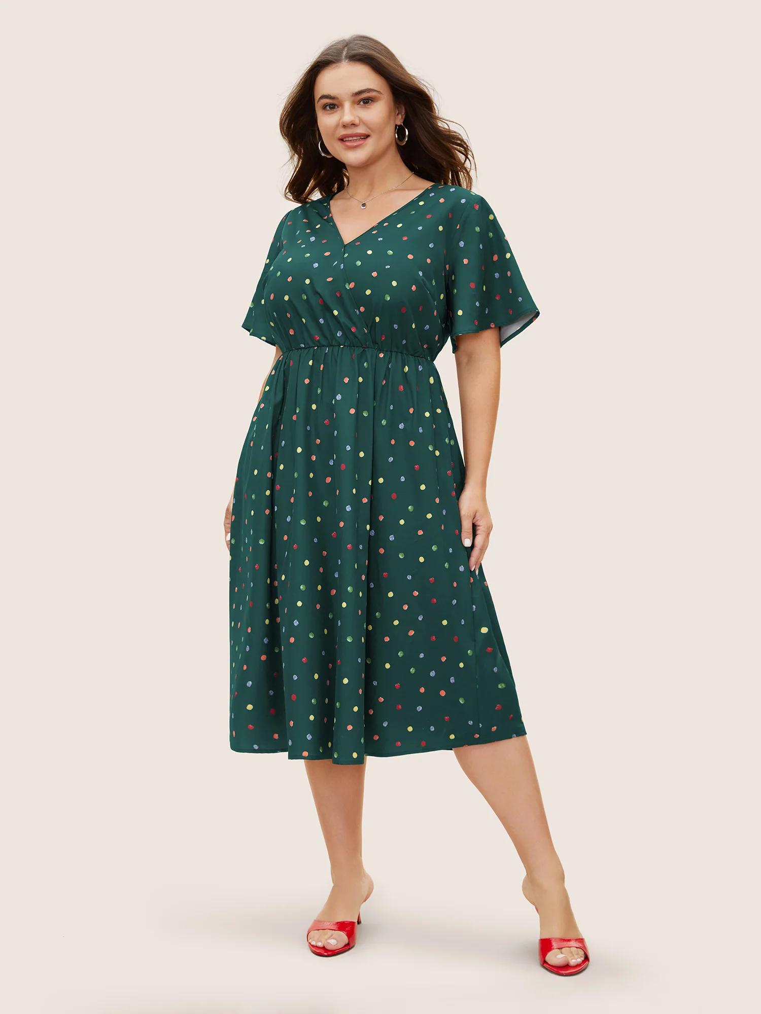 Colored Polka Dot Overlap Collar Midi Dress