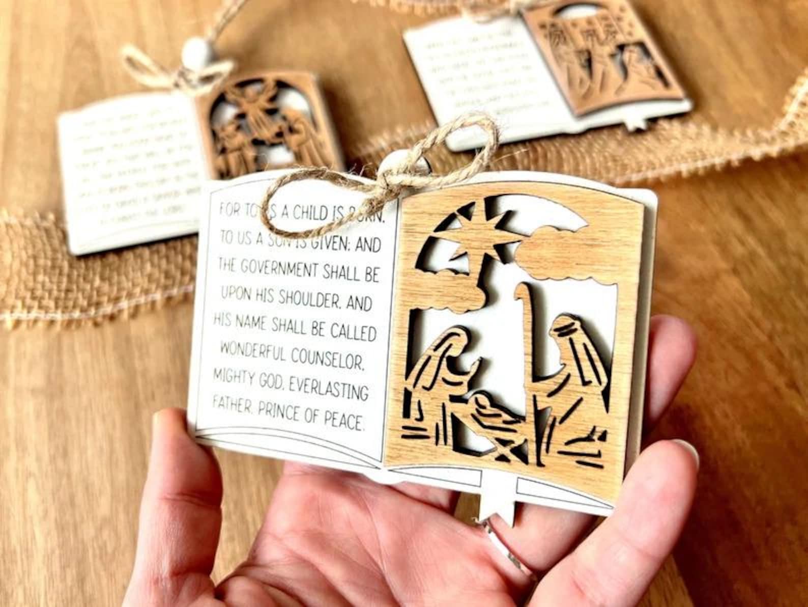 Handcrafted Wooden Nativity Scene Ornaments with Scripture