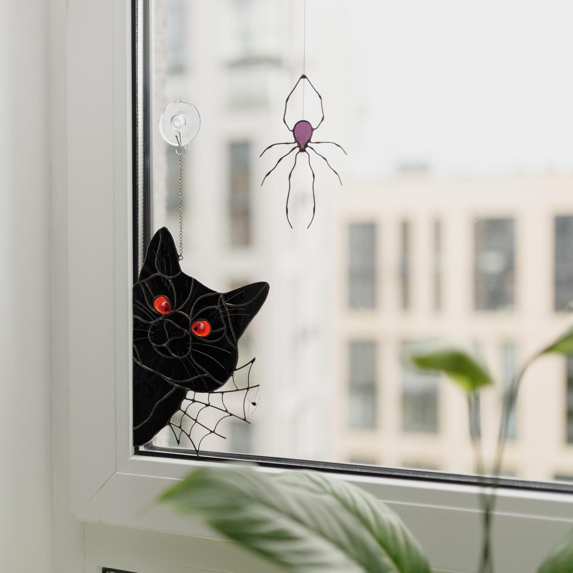 Spooky Season Gift for Cat Lover-Stained Glass Black Cat Suncatcher