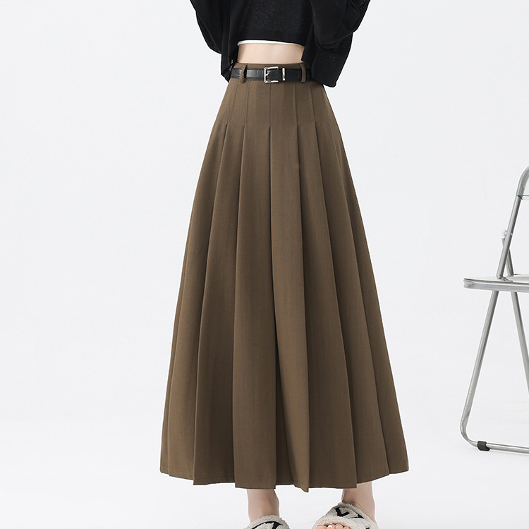 Brown High waist show thin pleated skirt belt suit skirt