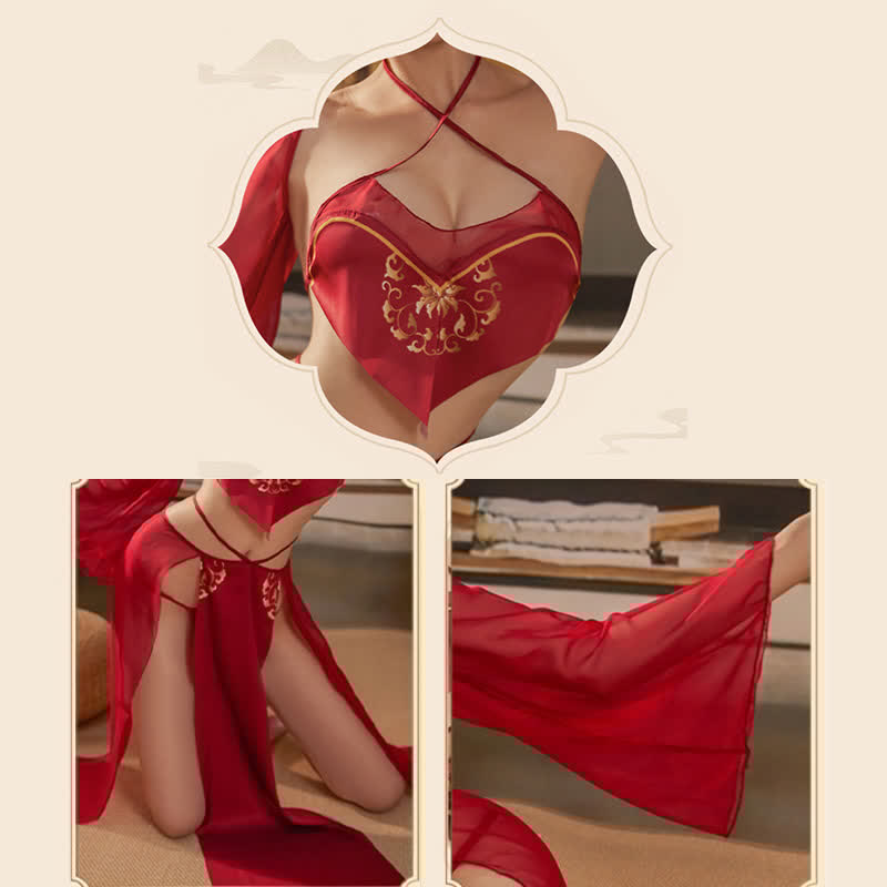 Han Costume Vintage Print See Through Split Sexy Lingerie Set