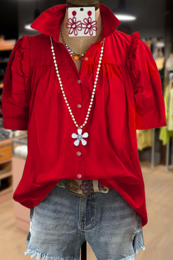 Solid Ruffle Short Sleeve Button Up Blouse