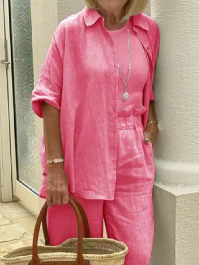 Solid Color Casual Cotton Linen Suit