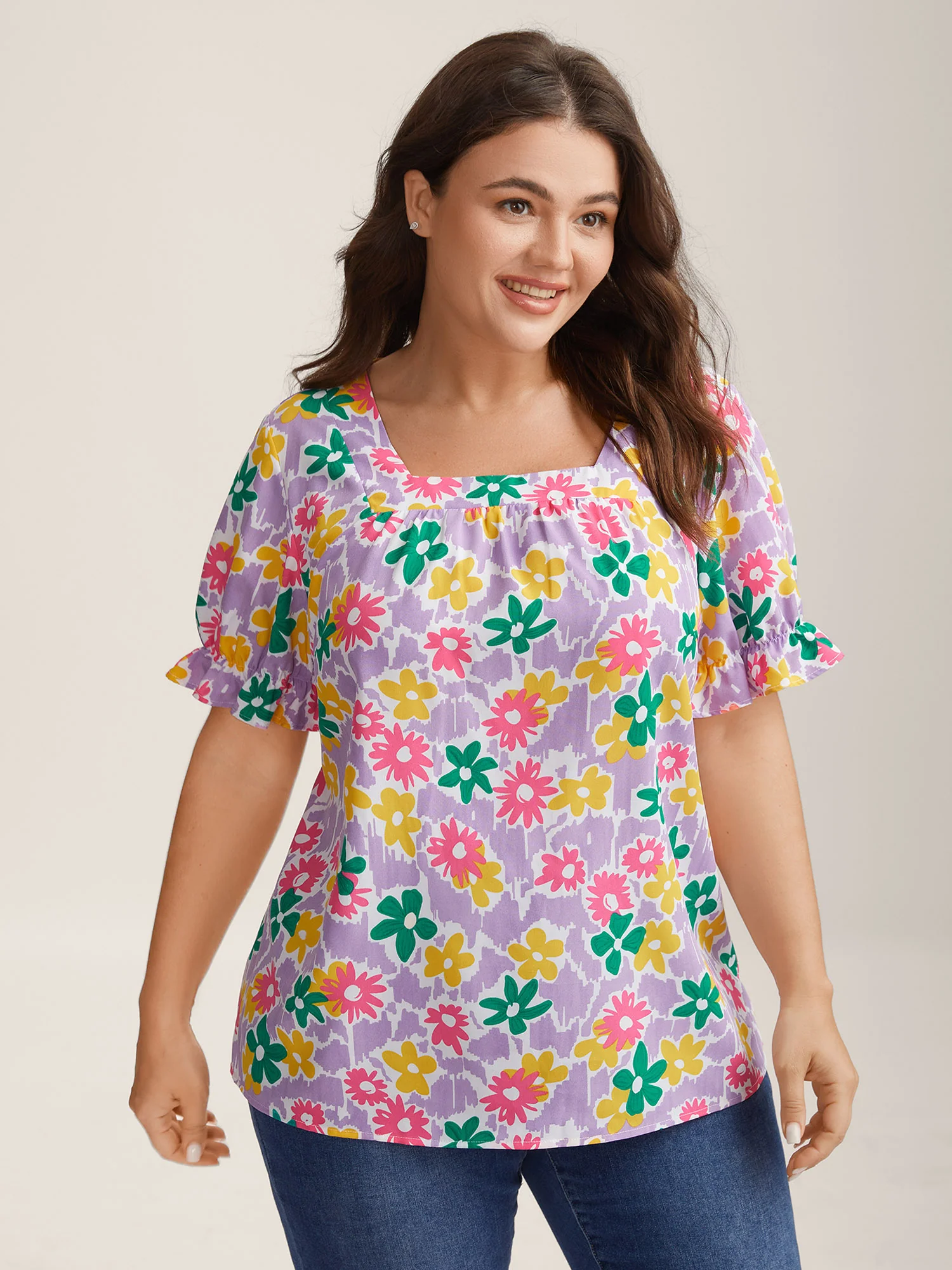 Rainbow Floral Print Pleated Blouse