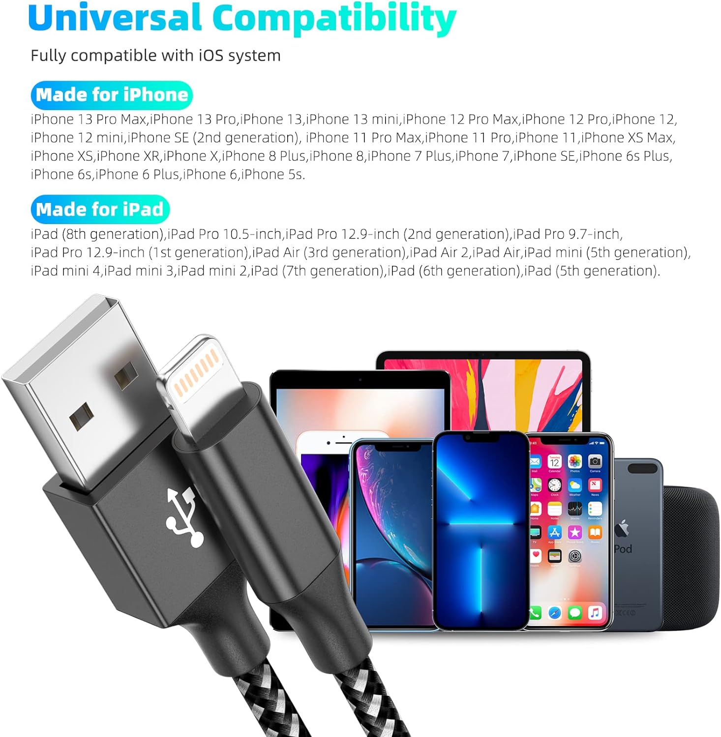 iPhone Charger Apple MFi Certified 3pack 10FT Long Lightning Cable Fast Charging Cord Compatible with iPhone 14/13/12/11 Pro Max Mini XR/XS/X/8/7/6 Plus SE iPod and More
