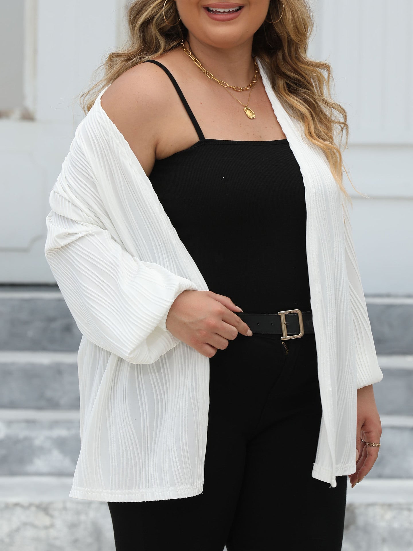 Plus Size Women Cardigan Women Wave Striped Casual Loose Jacket Comfortable Top Lantern Sleeve Air Conditioning Shirt