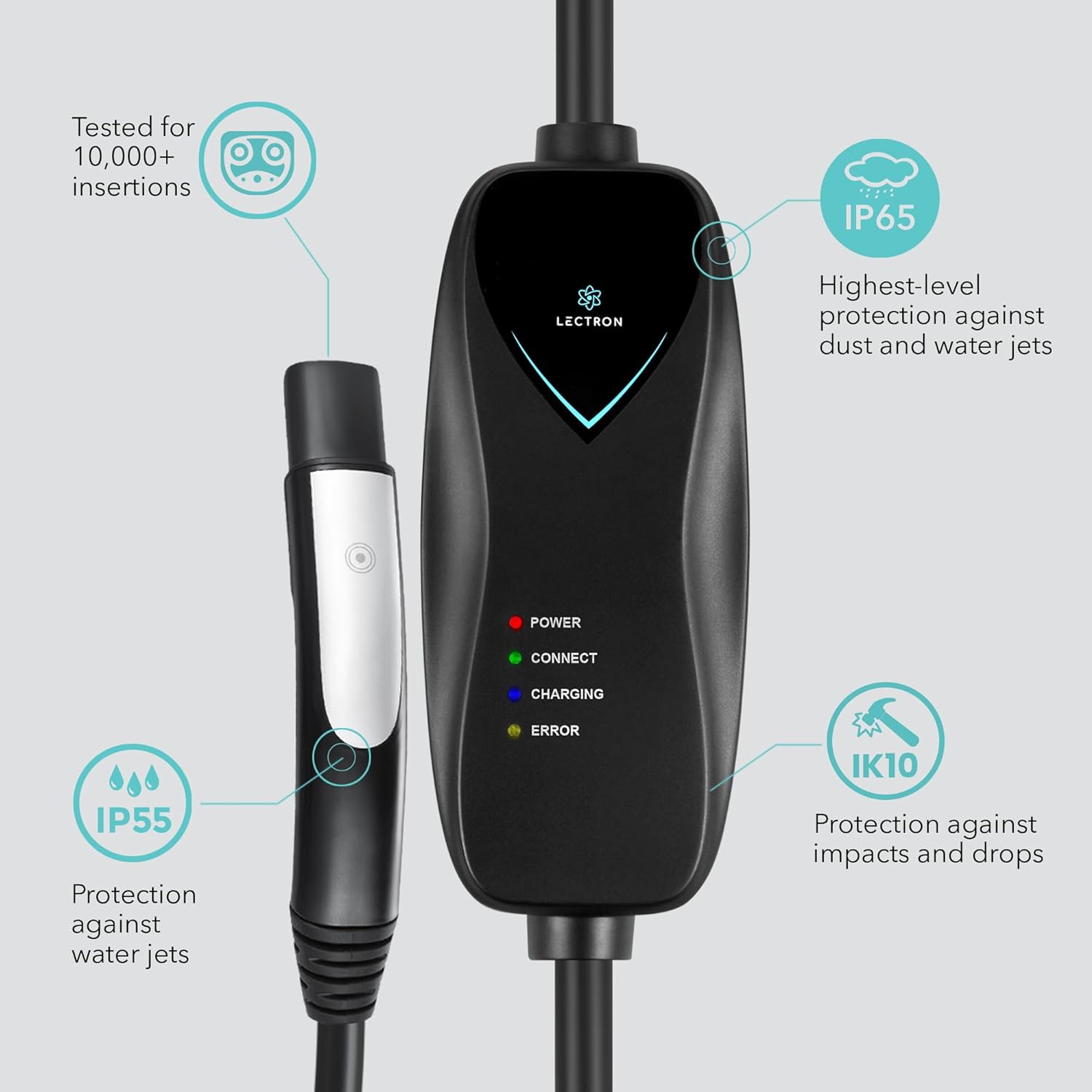 Lectron Portable Electric Car Charger 110V 15 Amp NEMA 5-15 Plug 16 ft Extension Cord