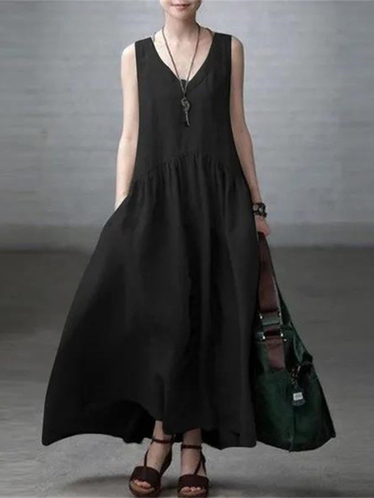Elegant Solid Color V Neck Comfy Maxi Dress