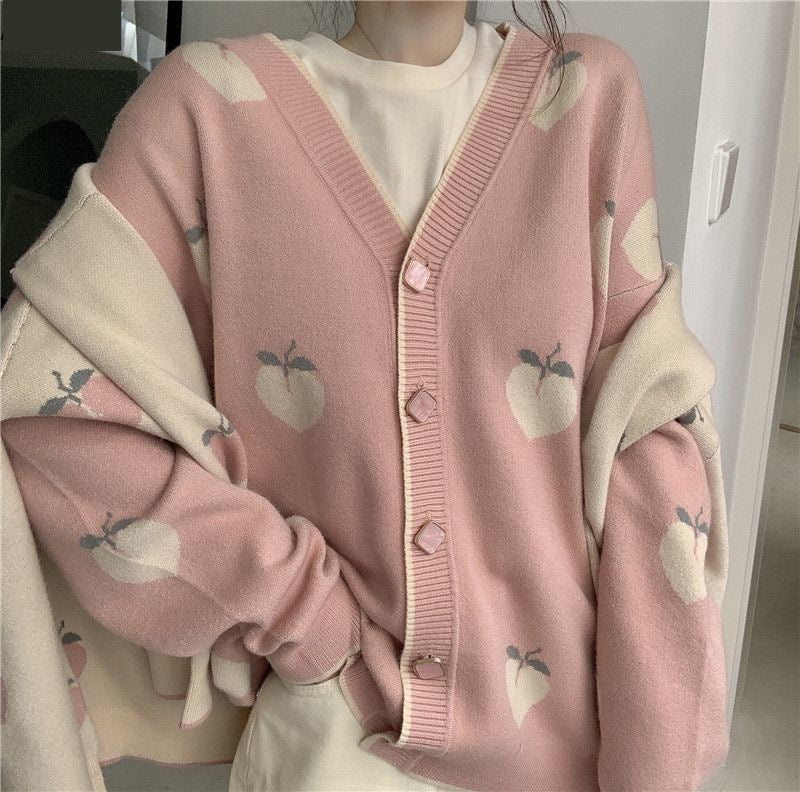 V-Neck Peach Loose Cardigan Sweater