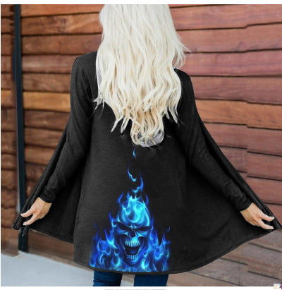Women's Fashion Long Sleeve Cardigan Coat Top with Halloween Skull Print