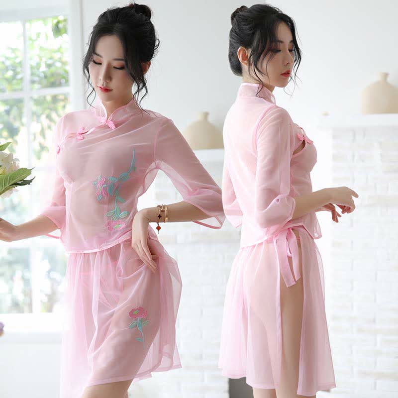 Vintage Floral Embroidery Transparent Mesh Hanfu Lingerie Set
