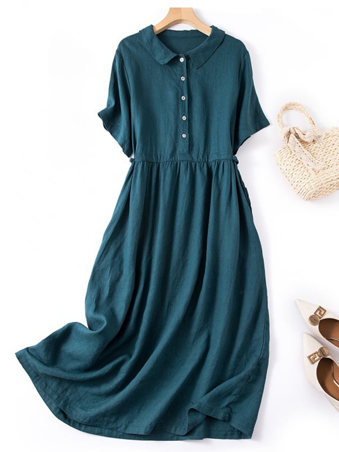 Women's Solid Color Short-Sleeved Shirt Collar Artistic Retro Cotton And Linen Casual Dress