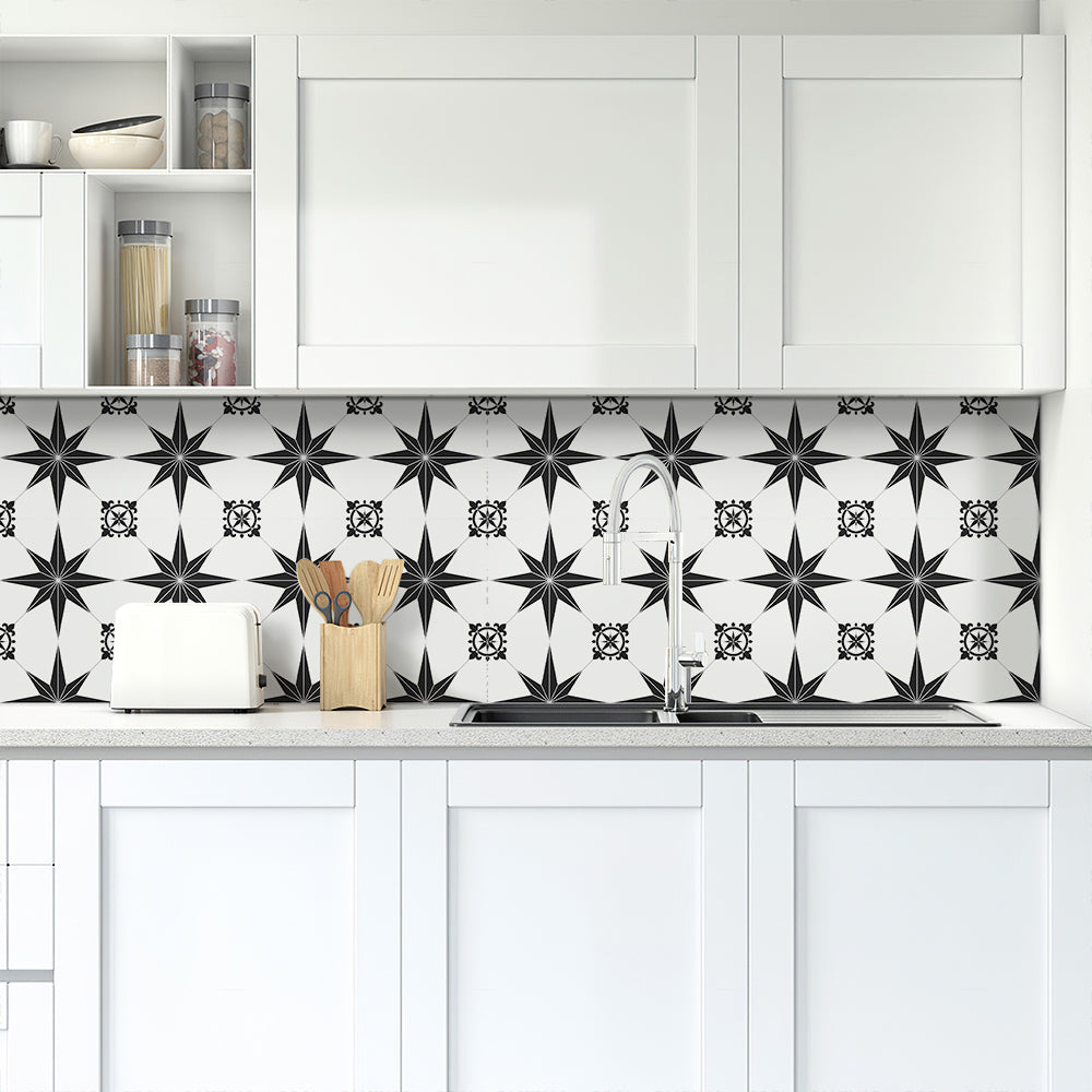 Black and White Star Peel and Stick Vinyl Floor Tile Sticker