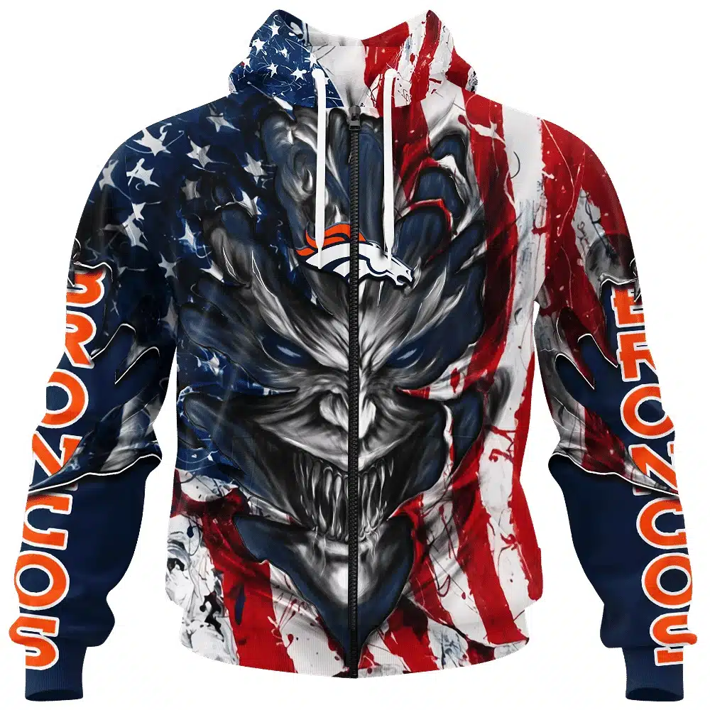 DENVER BRONCOS DEMON FACE AMERICAN FLAG-3D UNISEX HOODIE