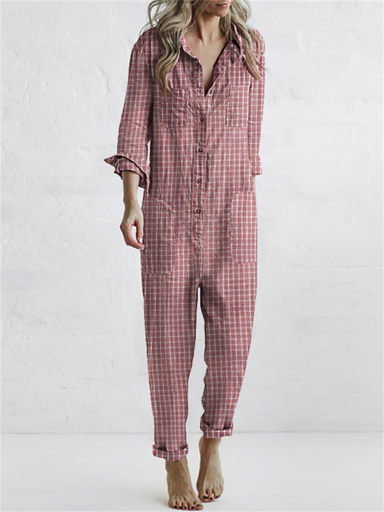 Plaid Patch Pocket Button Up Casual Jumpsuit