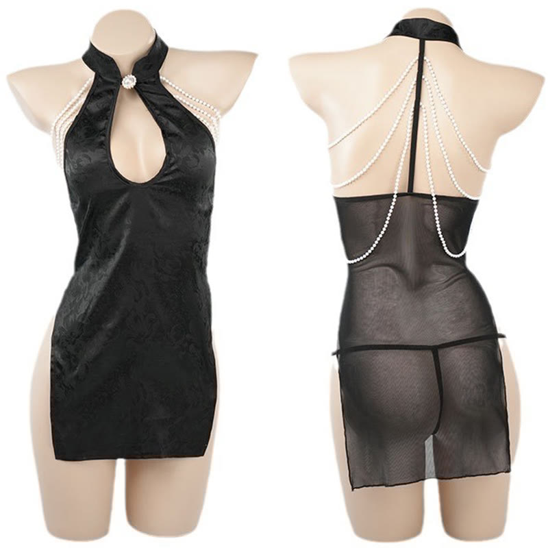 Vintage Cheongsam Pearl See-through Lingerie Dress