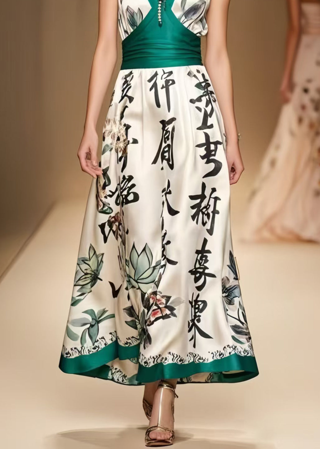 Modern White Print Patchwork Silk Ankle Dress Sleeveless