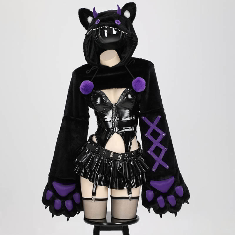 Cosplay Devil Pu Butterfly Top G-string Shorts Skirt Plush Coat Lingerie Set