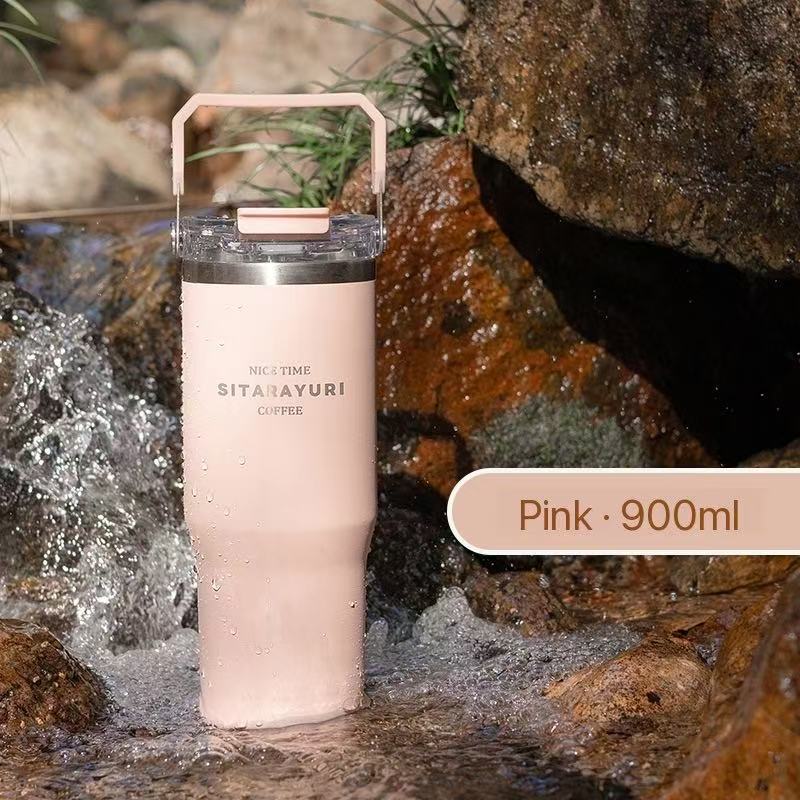 Portable stainless steel thermos flask, stylish design, convenient dual-drink straw water bottle, car water cup