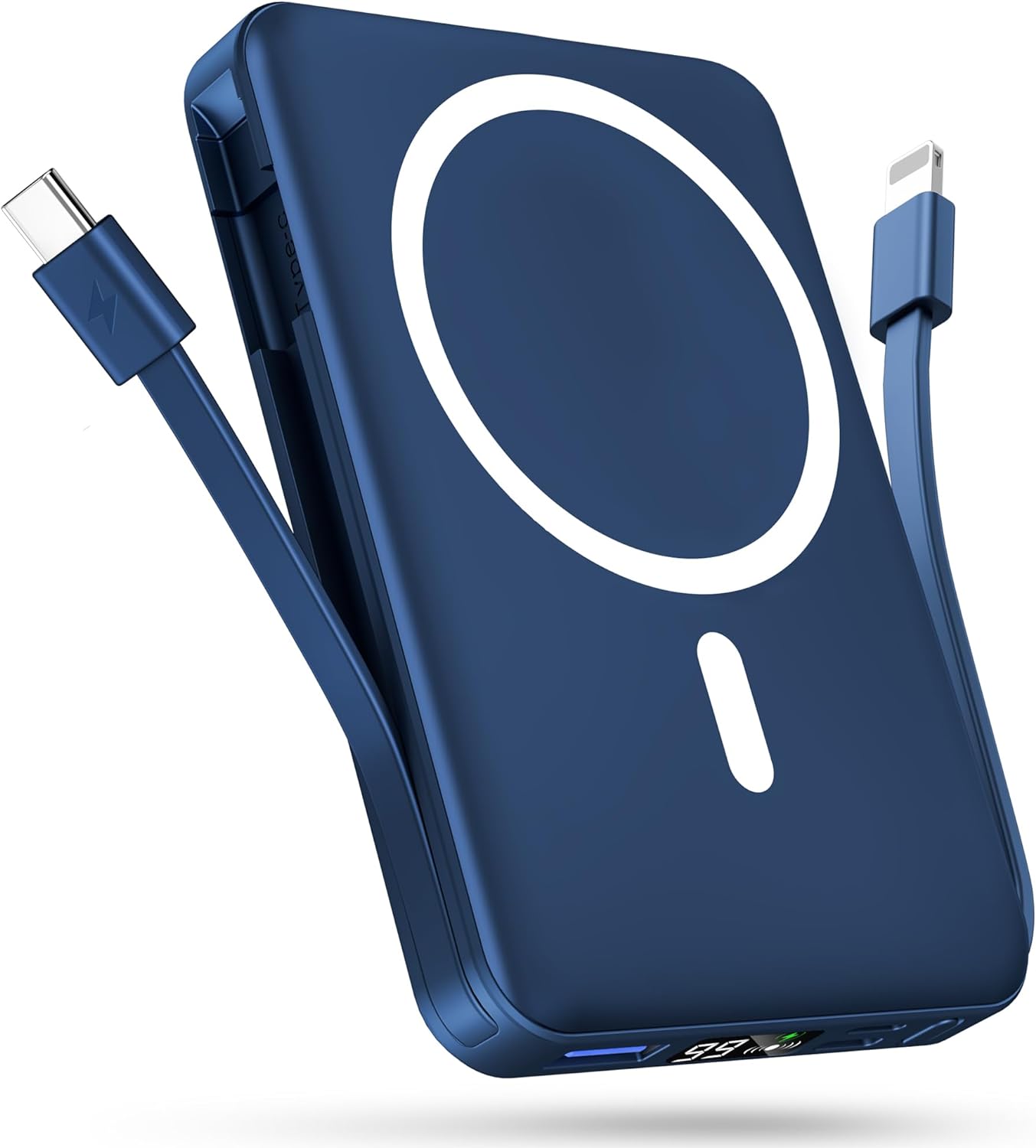 podoru Wireless Portable Charger, 10000mAh Magnetic Power Bank Built-in USB-C Lighting Cables 22.5W PD Fast Charging LED Display Mag-Safe Battery Pack for iPhone 15/14/13/12/Mini/Pro/Pro Max - White