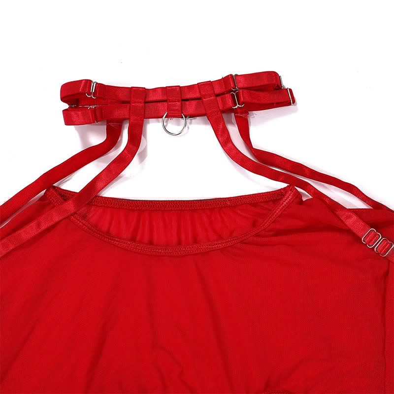 Sexy Hollow Out Mesh Long Sleeve Bondage Tops Set