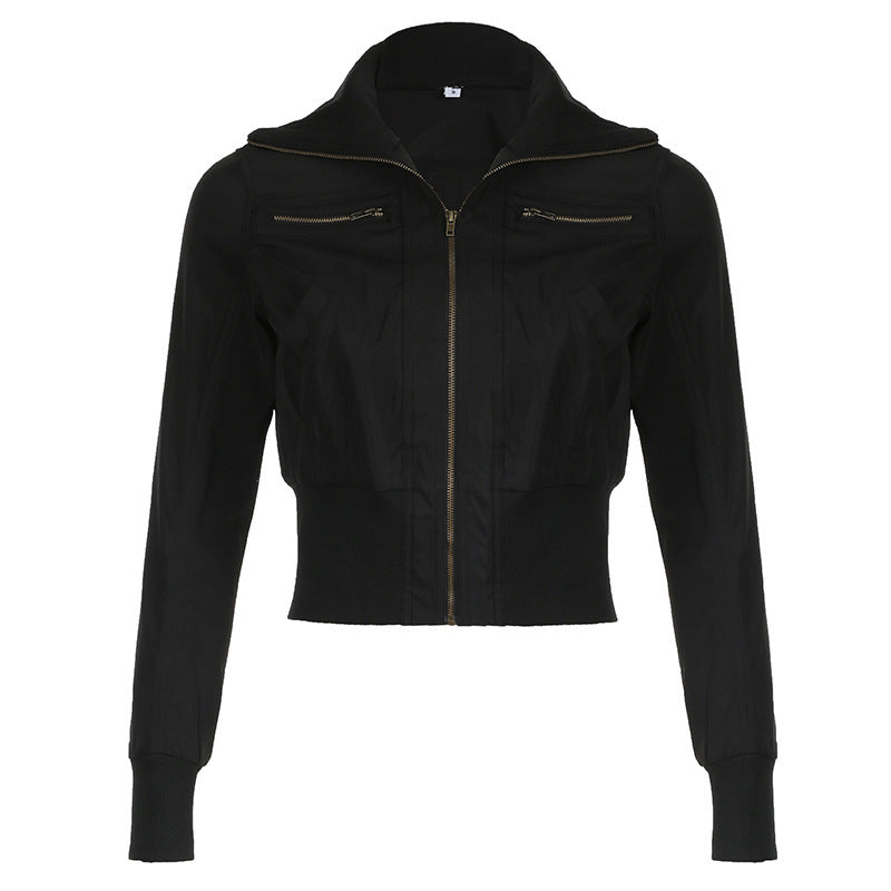 Woman's Heavy-Duty Fashion Jacket with Stand Collar and Zipper Pockets