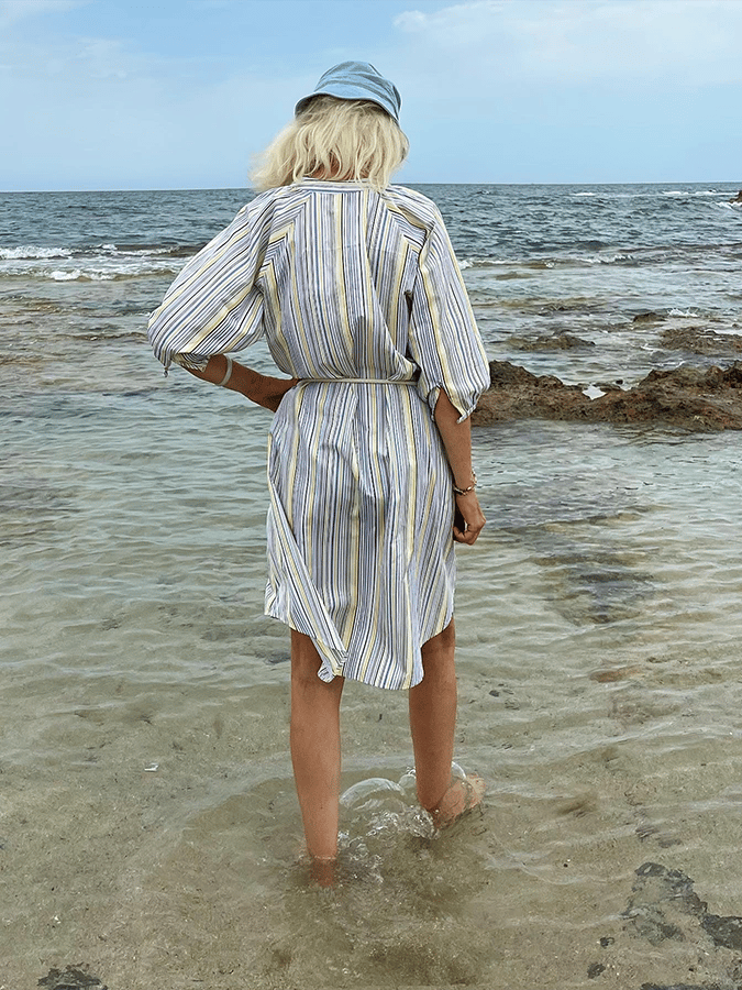 Women's Vintage Contrast Stripe Design V-Neck Button-Up Cotton And Linen Dress